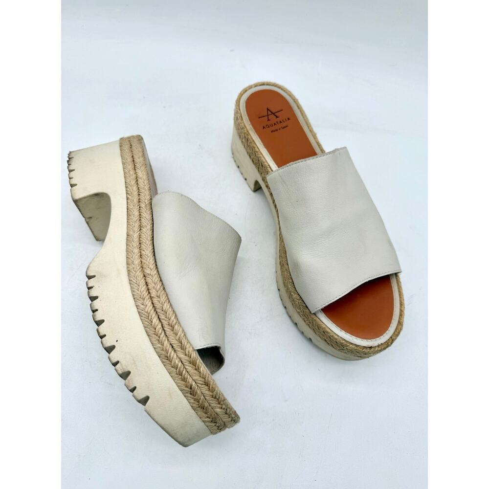 Aquatalia Whitney Ivory Leather Platform Sandals Espadrille Lug Sole Women's 8